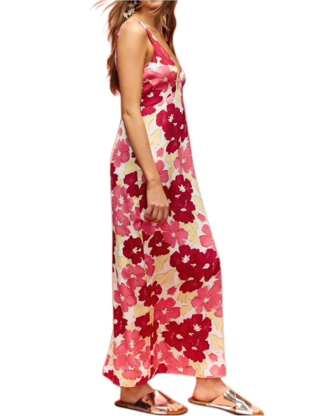 Plan C x RTR  pink, red & cream floral silky satin slip maxi dress size 0